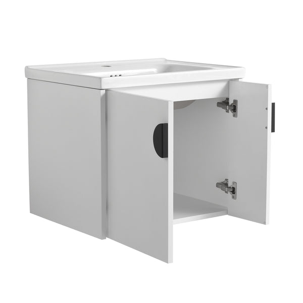 English Elm 24 Inch Wall-Mounted Vanity with Ceramic Sink, Wave Door Accent, Soft-Close Hinges, Eco Plywood Durable Finish White W999P146015