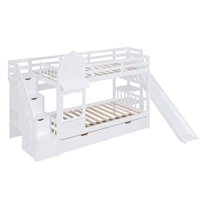 English Elm Twin-over-twin Castle Bunk Bed with Slide Storage Drawers and Shelves for Kids White LT000559AAK-2