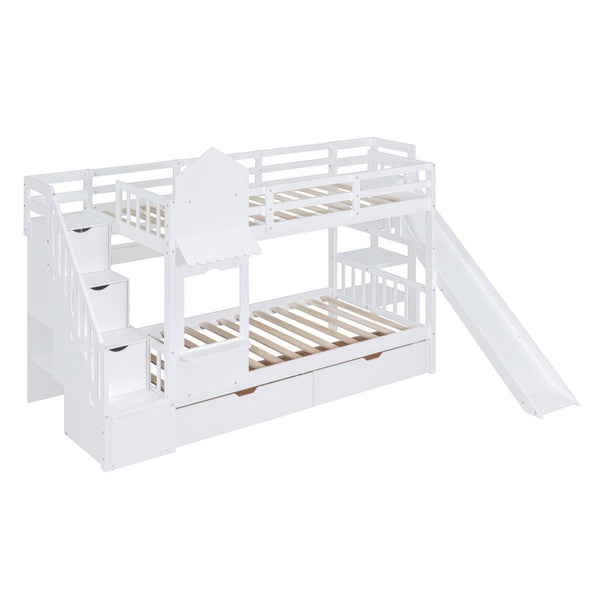 English Elm Twin-over-twin Castle Bunk Bed with Slide Storage Drawers and Shelves for Kids White LT000559AAK-2