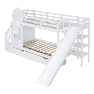 English Elm Twin-over-twin Castle Bunk Bed with Slide Storage Drawers and Shelves for Kids White LT000559AAK-1