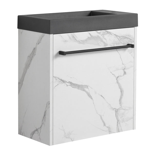 English Elm 20'' Floating Wall-Mounted Vanity with Resin Sink, Soft-Close Door & Open Shelves for Compact Baths White+Black W999P143207