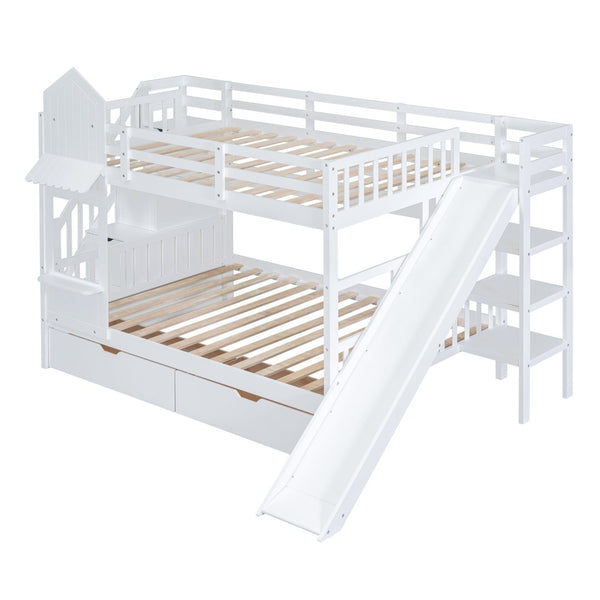 English Elm Full-over-full Castle Bunk Bed with Slide Drawers Shelves Pinewood Kids Frame LT000558AAK-2
