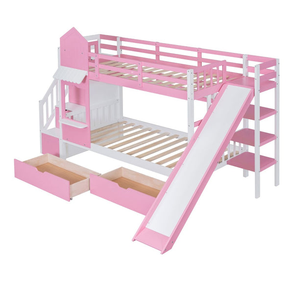 English Elm Twin-over-twin Castle Bunk Bed with Slide Storage Drawers and Shelves for Kids Pink LT000559AAH-2
