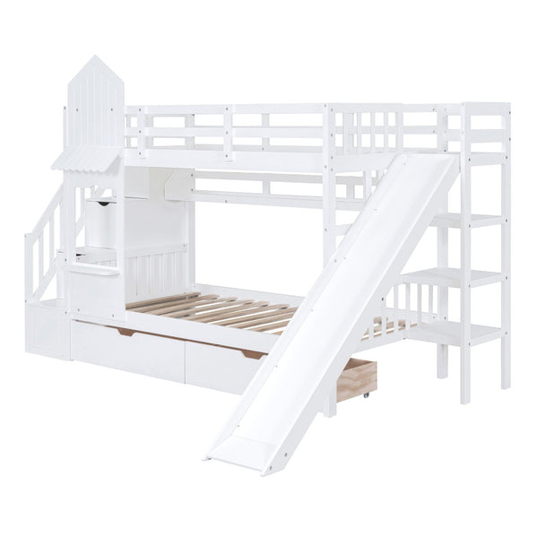 English Elm Twin-over-twin Castle Bunk Bed with Slide Storage Drawers and Shelves for Kids White LT000559AAK-1
