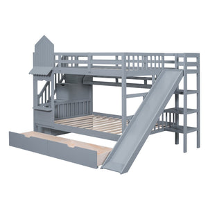 English Elm Full-over-full Castle Bunk Bed with Slide Drawers Shelves Pinewood Kids Frame Gray LT000558AAE-3