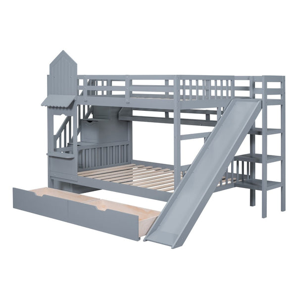 English Elm Full-over-full Castle Bunk Bed with Slide Drawers Shelves Pinewood Kids Frame Gray LT000558AAE-3