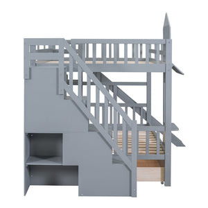 English Elm Full-over-full Castle Bunk Bed with Slide Drawers Shelves Pinewood Kids Frame Gray LT000558AAE-3