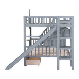 English Elm Full-over-full Castle Bunk Bed with Slide Drawers Shelves Pinewood Kids Frame Gray LT000558AAE-3
