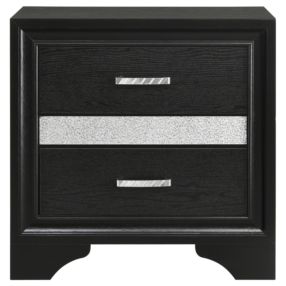 English Elm Black Modern 2-Drawer Nightstand with Hidden Felt-Lined Jewelry Tray, Metallic Accents & Crystal Pulls B062P145652