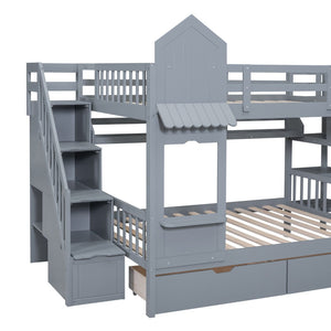 English Elm Full-over-full Castle Bunk Bed with Slide Drawers Shelves Pinewood Kids Frame Gray LT000558AAE-3
