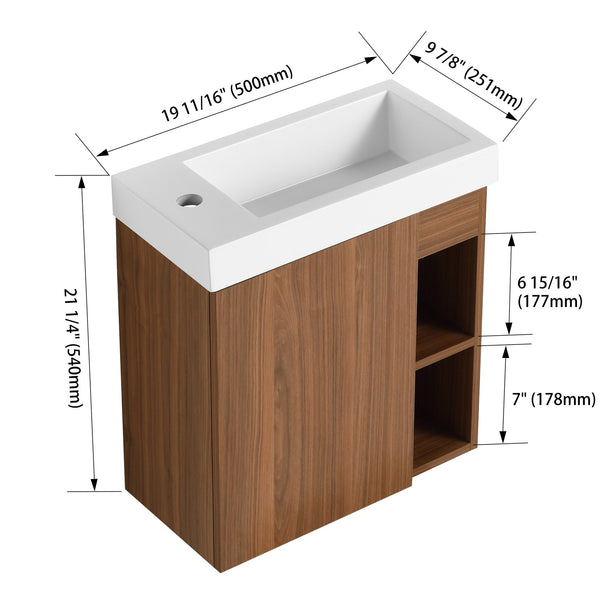 English Elm 20'' Floating Wall-Mounted Vanity with Resin Sink, Soft-Close Door & Open Shelves for Compact Baths Walnut W999P143199
