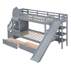 English Elm Twin-over-twin Castle Bunk Bed with Slide Storage Drawers and Shelves for Kids Gray LT000559AAE-1