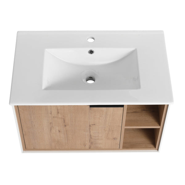 English Elm 30'' Floating Wall-Mounted Vanity with Ceramic Sink, Soft-Close Door, Open Shelves, Durable Plywood Finish W999S00123