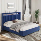 Hearth and Haven Luxury Gas Lift Storage Bed with Rf Led Lights, Storage Headboard , Full Size , Velvet Blue W2239S00005