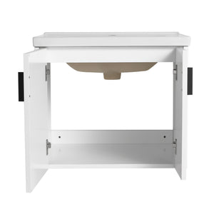 English Elm 24 Inch Wall-Mounted Vanity with Ceramic Sink, Wave Door Accent, Soft-Close Hinges, Eco Plywood Durable Finish White W999P146015