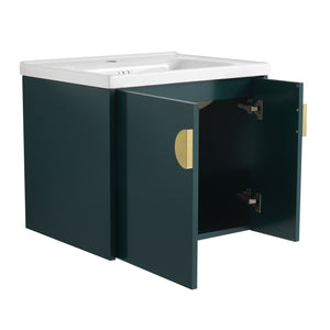 English Elm 24 Inch Wall-Mounted Vanity with Ceramic Sink, Wave Door Accent, Soft-Close Hinges, Eco Plywood Durable Finish Green W999P146018