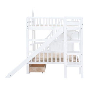 English Elm Full-over-full Castle Bunk Bed with Slide Drawers Shelves Pinewood Kids Frame LT000558AAK-2