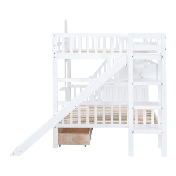 English Elm Full-over-full Castle Bunk Bed with Slide Drawers Shelves Pinewood Kids Frame LT000558AAK-2