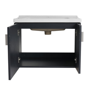 English Elm 28 Inch Wall-Mounted Bathroom Vanity with Ceramic Sink, Wave Dual Doors, Soft-Close Hinges, Durable Finish Black W999P146021