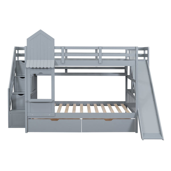 English Elm Full-over-full Castle Bunk Bed with Slide Drawers Shelves Pinewood Kids Frame Gray LT000558AAE-3