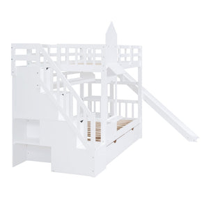 English Elm Twin-over-twin Castle Bunk Bed with Slide Storage Drawers and Shelves for Kids White LT000559AAK-1