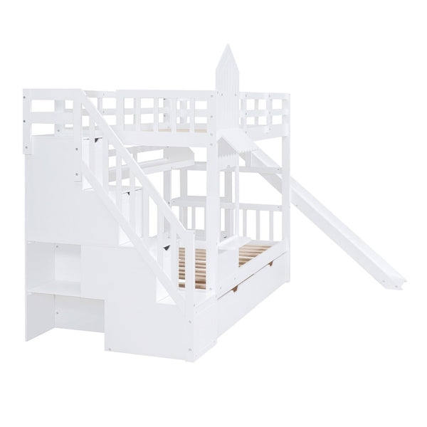 English Elm Twin-over-twin Castle Bunk Bed with Slide Storage Drawers and Shelves for Kids White LT000559AAK-1