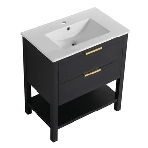 English Elm 30 inch Freestanding Bathroom Vanity with Ceramic Sink, 2 Soft-Close Drawers, Golden Metal Handles, Sturdy Legs, Easy Install — Durable Storage & Elegant Finish W999S00121