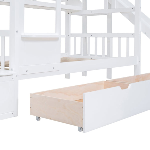 English Elm Twin-over-twin Castle Bunk Bed with Slide Storage Drawers and Shelves for Kids White LT000559AAK-2