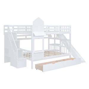English Elm Full-over-full Castle Bunk Bed with Slide Drawers Shelves Pinewood Kids Frame White LT000558AAK-3