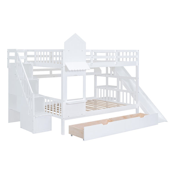 English Elm Full-over-full Castle Bunk Bed with Slide Drawers Shelves Pinewood Kids Frame White LT000558AAK-3