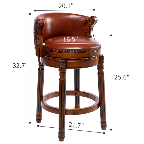 English Elm Seat 26" Cowtop Leather Wooden Bar Stool 360° Swivel Counter Stool Farmhouse Footrest Finish W2195140504