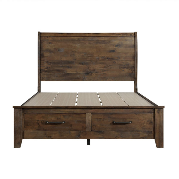 English Elm Burnished Solid Rubberwood Queen Platform Bed with Footboard Storage Drawers B011S00651