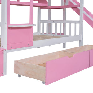 English Elm Twin-over-twin Castle Bunk Bed with Slide Storage Drawers and Shelves for Kids Pink LT000559AAH-3