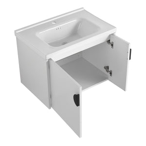 English Elm 28 Inch Wall-Mounted Bathroom Vanity with Ceramic Sink, Wave Dual Doors, Soft-Close Hinges, Durable Finish White W999P146019