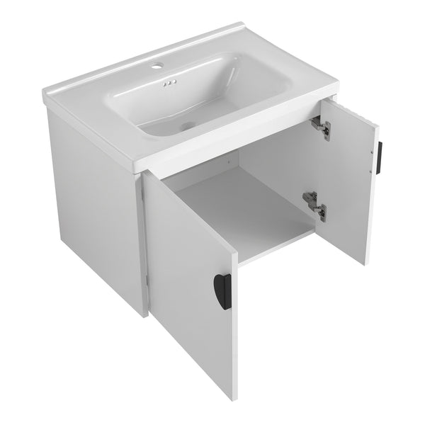 English Elm 28 Inch Wall-Mounted Bathroom Vanity with Ceramic Sink, Wave Dual Doors, Soft-Close Hinges, Durable Finish White W999P146019