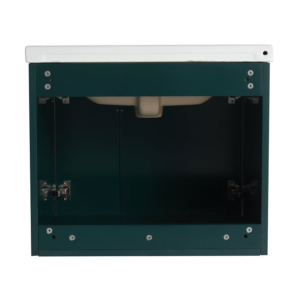 English Elm 24 Inch Wall-Mounted Vanity with Ceramic Sink, Wave Door Accent, Soft-Close Hinges, Eco Plywood Durable Finish Green W999P146018