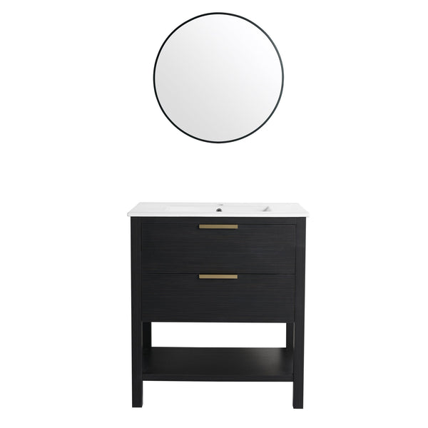 English Elm 30 30 Inch Bathroom Vanity Plywood with 2 Soft-Close Drawers, Freestanding Wood Feet, Water-Resistant Melamine W999140825