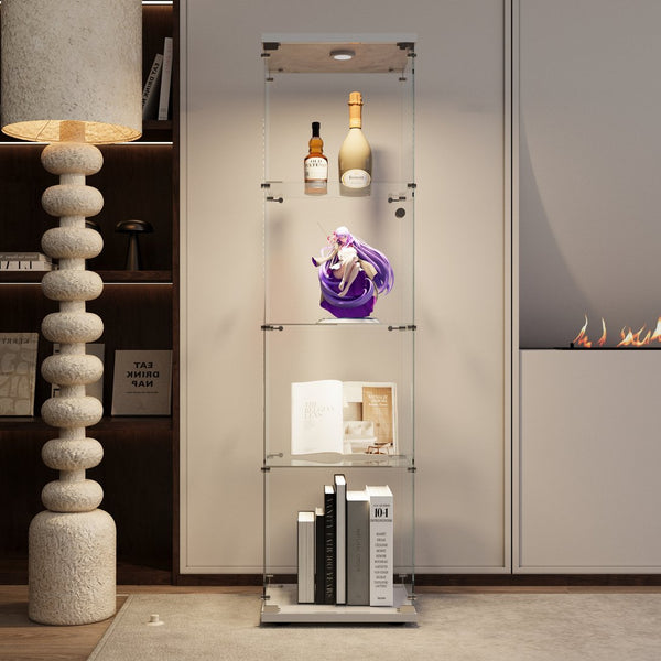 English Elm LED Glass Display Cabinet 64.7" Tall with 4 Tempered Glass Shelves, Dustproof Curio Bookcase for Home White W1806P197870