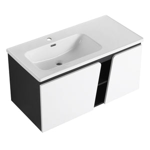 English Elm 40'' 40" Floating Wall-Mounted Bathroom Vanity with Ceramic Sink, Soft-Close Doors, Plywood Reinforced Durability PMID W999S00131