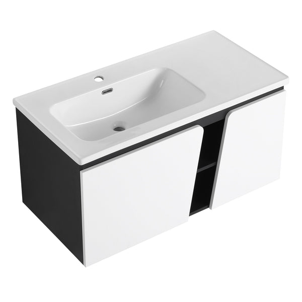 English Elm 40'' 40" Floating Wall-Mounted Bathroom Vanity with Ceramic Sink, Soft-Close Doors, Plywood Reinforced Durability PMID W999S00131