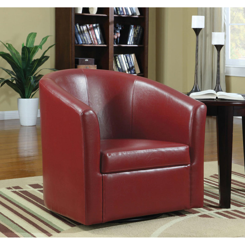 English Elm Red Tournefeuille Faux Leather Swivel Armchair — Barrel-Back Accent Chair, Luxurious Red Upholstery, 330 lb Capacity B062P145688