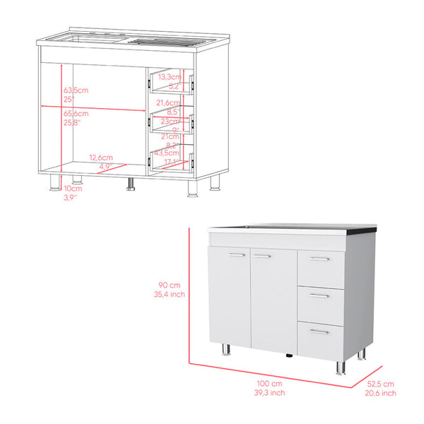 English Elm Utility Sink Cabinet Freestanding Stainless Steel Basin White Farmhouse Storage B092S00066