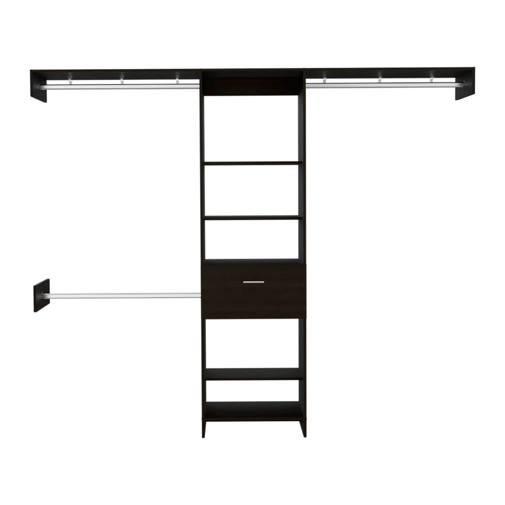 English Elm 250 Closet System British Black - Durable Particle Board Wardrobe with 1 Drawer, 3 Rods, 5 Shelves, 99.7" Top B092S00024
