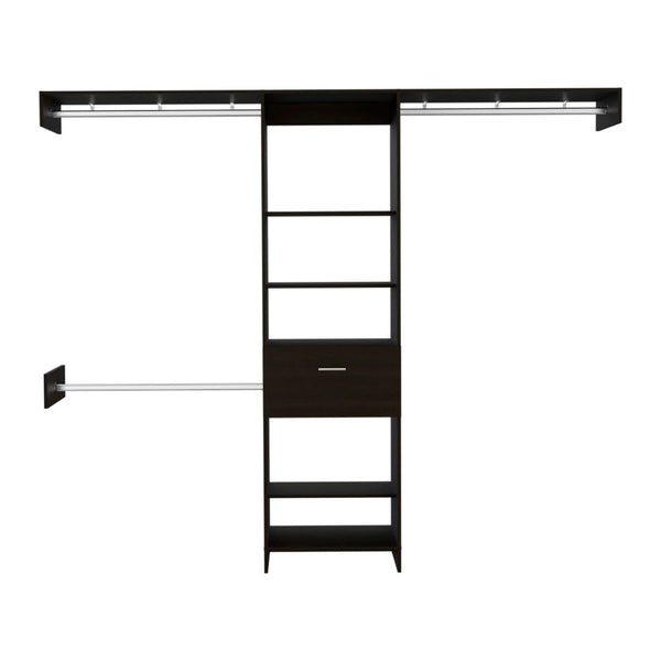 English Elm 250 Closet System British Black - Durable Particle Board Wardrobe with 1 Drawer, 3 Rods, 5 Shelves, 99.7" Top B092S00024