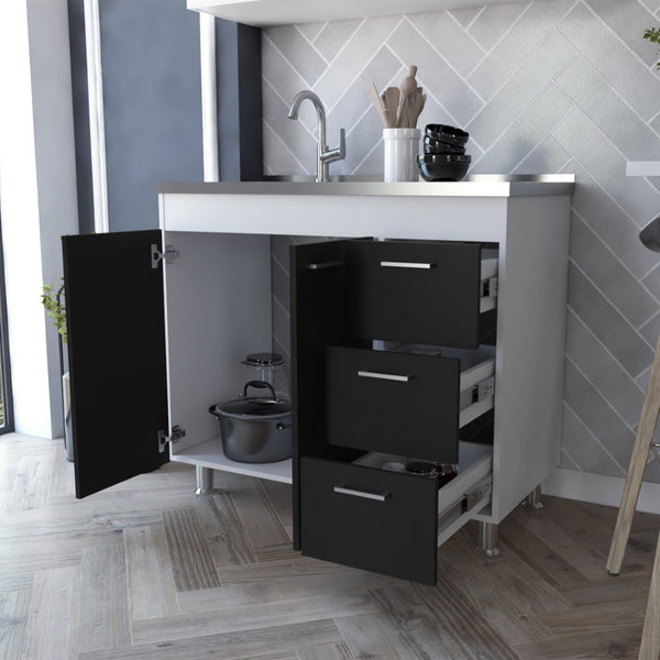 English Elm Utility Sink Cabinet Freestanding Stainless Steel Basin White Farmhouse Storage B092S00067