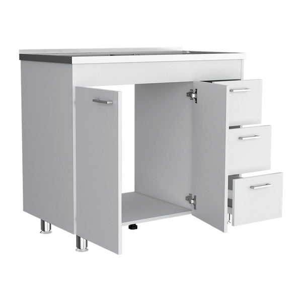 English Elm Utility Sink Cabinet Freestanding Stainless Steel Basin White Farmhouse Storage B092S00066