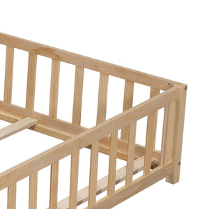 English Elm Full Full Size Floor Platform Bed with Safety Fence and Door, Montessori Toddler Frame with Slats, Sturdy Pine Construction for Secure Sleep and Playtime Natural 77.76 L x 17.52 W x 6.3 H W1716132149