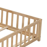 Hearth and Haven Full Size Floor Platform Bed with Fence and Door For Kids, Montessori Floor Bed Frame with Support Slats For Toddlers, Wooden Floor Bed Natural W1716132149