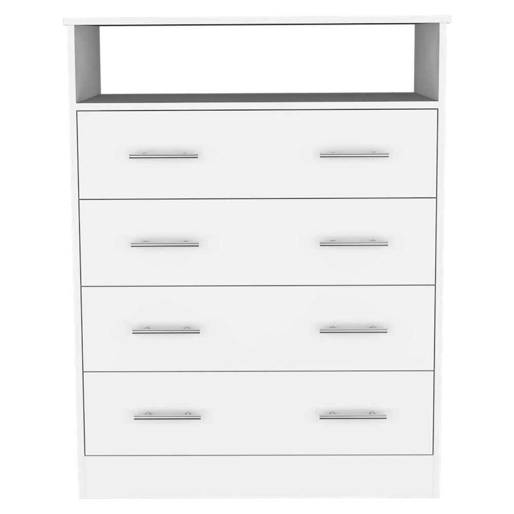 English Elm Four Drawer Dresser Wuju White - Durable Particle Board, 4 Spacious Drawers, Open Shelf, Metal Hardware, 47"L x 21"W B092S00111
