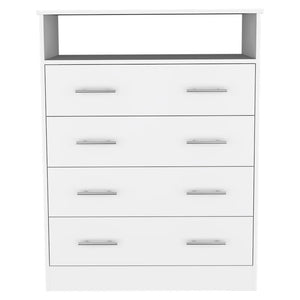 English Elm Four Drawer Dresser Wuju White - Durable Particle Board, 4 Spacious Drawers, Open Shelf, Metal Hardware, 47"L x 21"W B092S00111